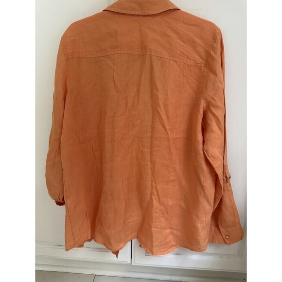 chicos linen shirt orange gold button down roll tab sleeves 100% linen size 2/ L - Picture 4 of 13